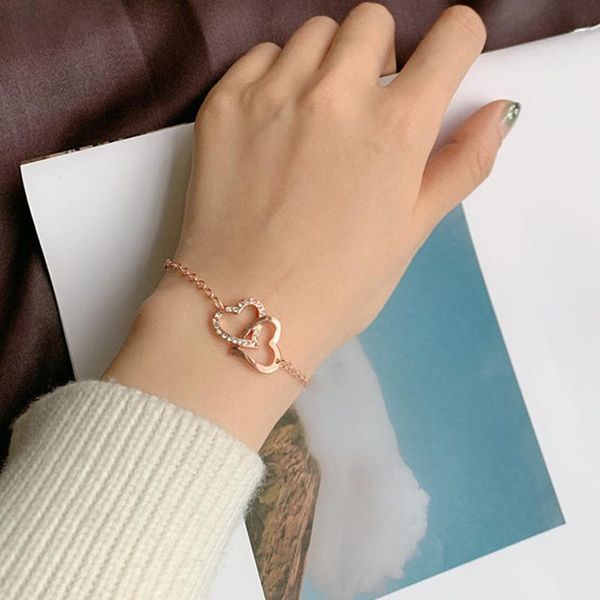 

link, chain romantic hollow out double heart-shaped bracelet exquisite crystal zircon hand accessories fashion women's jewelry gift, Black