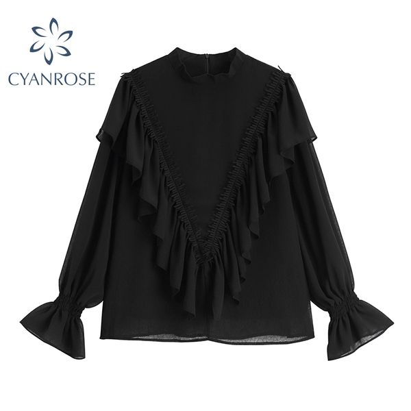 Camicetta di chiffon nera Ruffle Spliced Flare Manica lunga Solid OL Camicie Donna Primavera Casual Allentato Coreano Girocollo Marea Top 210417