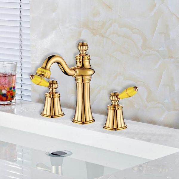 

bathroom sink faucets fashion brass gold finish 8' widespread basin faucet 3pcs with porcelain handles