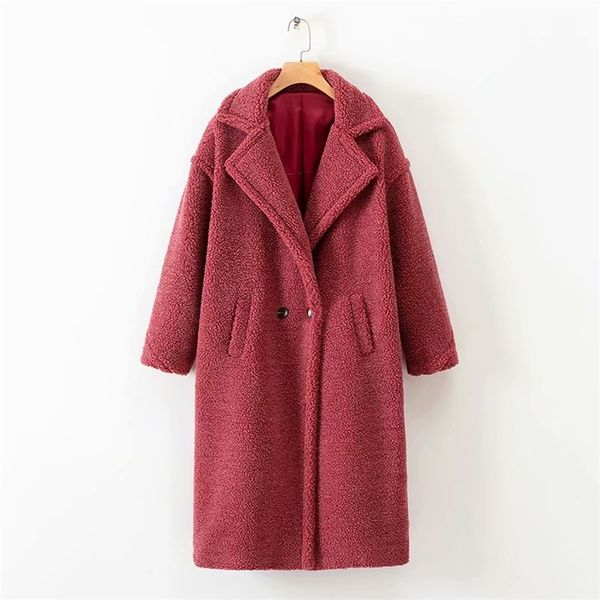 Cappotto lungo lungo caldo in pelliccia sintetica da donna Cappotto invernale in pile con orsetto doppiopetto Capispalla allentato Casual Casaco Femme 210531