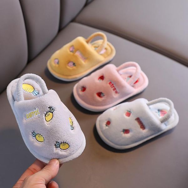 

slipper winter kids slippes girls cartoon fruit home boys fur slippers warm plush parent-child floor slides house children baby, Black;grey
