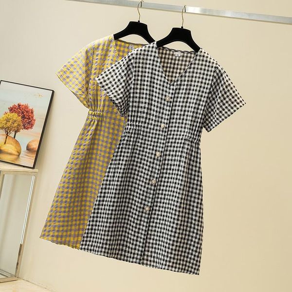 

plus size dresses women office lady v-neck black white plaid print pleated a-line dress vestidos 4xl