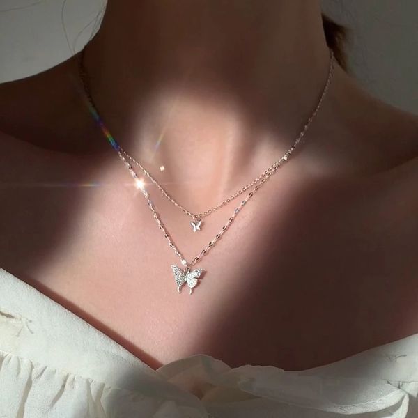 

shiny butterfly necklace for women dainty double layer charm pendant choker necklaces silver color wedding jewelry gifts