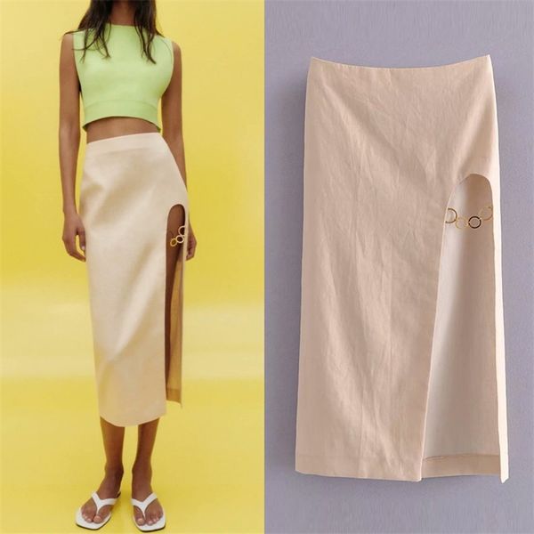 

summer women linen skirts za solid split fork fashion vintage female elegant mid-calf skirt clothing 210513, Black