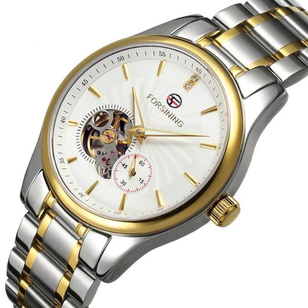 

wristwatches forsining business men wrist watch automatic stainless steel strap watches full skeleton mechanical, Slivery;brown