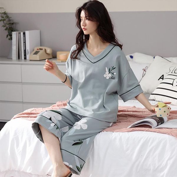 

5xl summer pajamas set womens sleepwears casual sweet print plus size cotton home clothes cropped pant nightwear pijamas female, Black;red