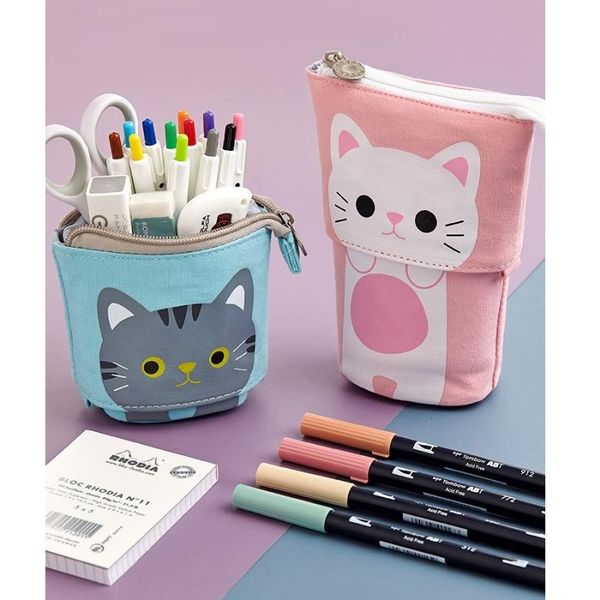 

storage bags angoo [fun] pen pencil bag case, cartoon cute cat bear sheep canvas fold standing holder stationery organizer kids gift a6445