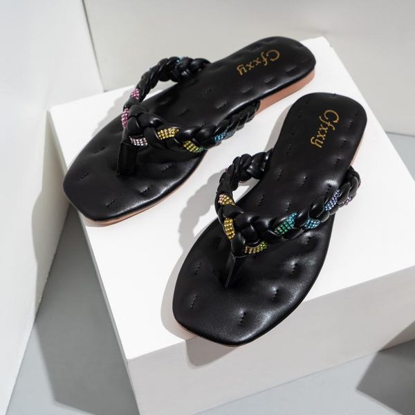 

fashion weave women slippers ladies square toe shoes flats colourful diamond woman flip flops casual beach, Black