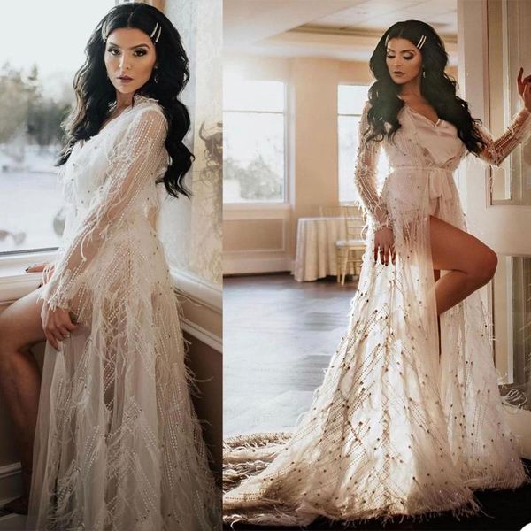 

wraps & jackets beading bridal wedding bathrobes women winter feather long sleeve maternity dress prom gown po shoot robe evening gowns, White