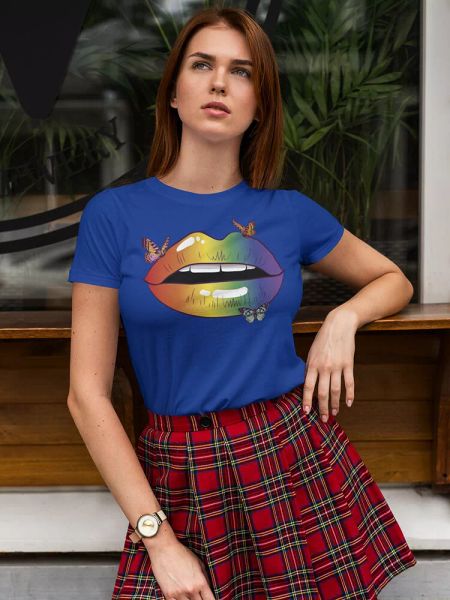 

colorful rainbow lips women's t-shirt, White;black