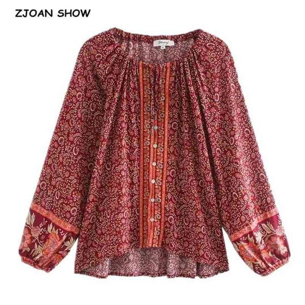 

bohemian lacing up adjust o neck floral print long sleeve shirt boho holiday women single-breasted button blouse causal 210429, White