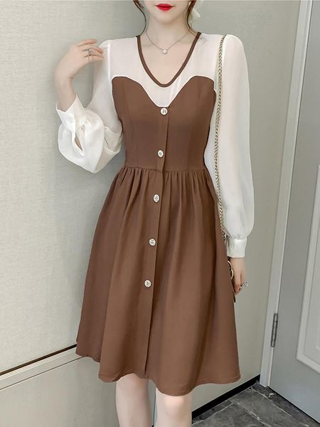 

casual dresses korean temperament skirt autumn clothing 2021 women v-neck button bright silk patchwork long sleeve chiffon midi dress, Black;gray