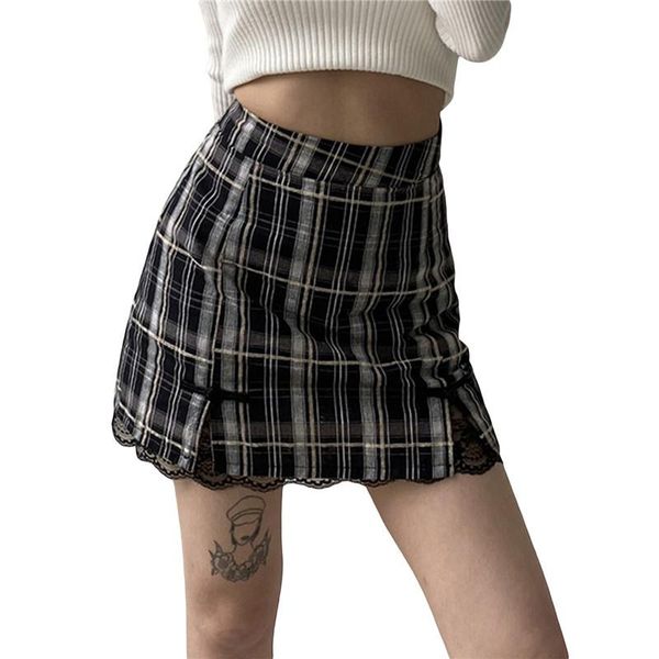 

skirts summer women club bodycon plaid mini 2021 high waist classical buckle decor lace hem, Black