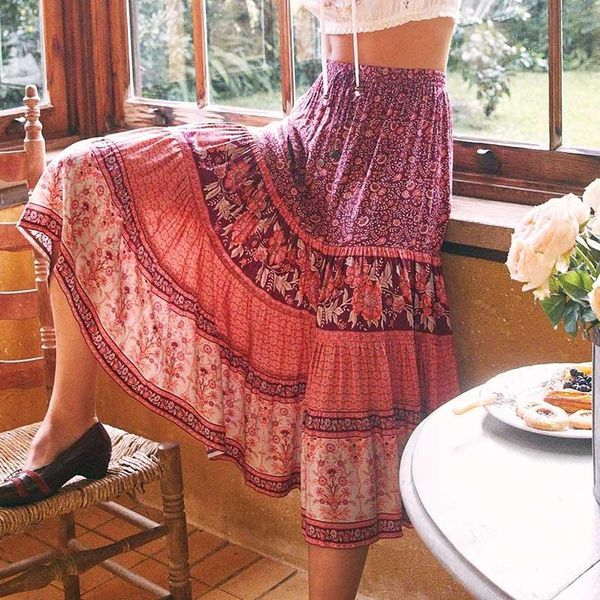 Skrits Bohemian Skrits Womens elástica cintura floral de retalhos longos Boho Saias Rayon Summer for Women Holiday Salia