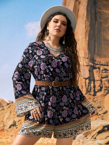 

plus floral print bell sleeve romper without belt e47a#, Black