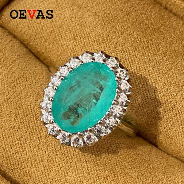 

oevas 100% 925 sterling silver sparkling high carbon diamond 10*14mm synthetic paraiba tourmaline rings for women fine jewelry, Golden;silver