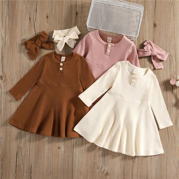 

girl's dresses toddler baby girls knitted dress ribbed solid color long sleeve autumn winter round neck with headband, Red;yellow