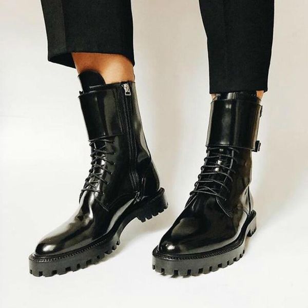 

boots women mid-calf chaussure booties gladiator mid heels shiny pu leather lace up matin shoes woman zapatos mujer sapato h514, Black