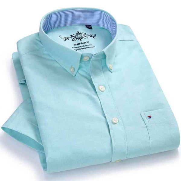 

men's oxford short sleeve summer casual shirts single patch pocket comfortable standard-fit button-down thin solid shirt 210331, White;black