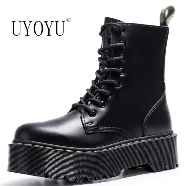 

boots brand 35~42 women winter genuine leather platform black ankle motorcycle thick heel booties heels
