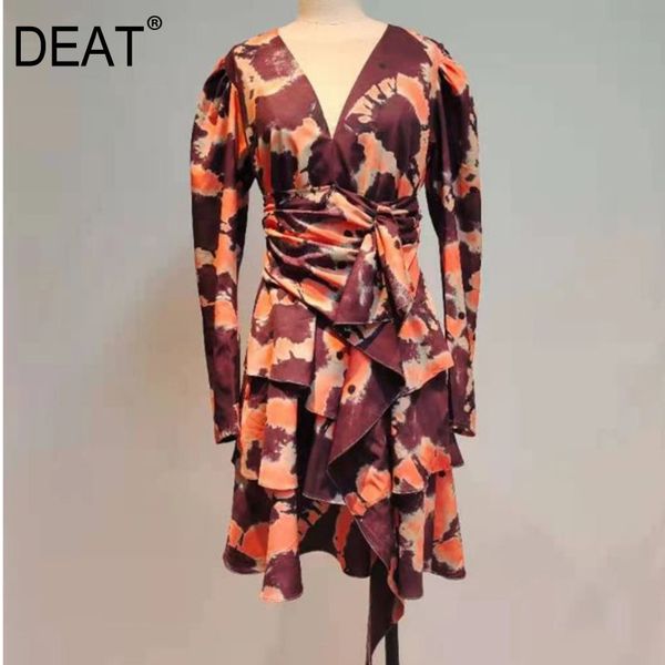 

[deat] v-neck long puff sleevesleeve irregular tie dyed club dress knee length mall goth y2k clothes summer gx186 210428, Black;gray