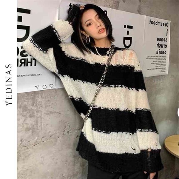 

yedians sweater women long sleeve jumpers knit striped streetwear y2k vintage pullovers autumn spring female 210914, White;black