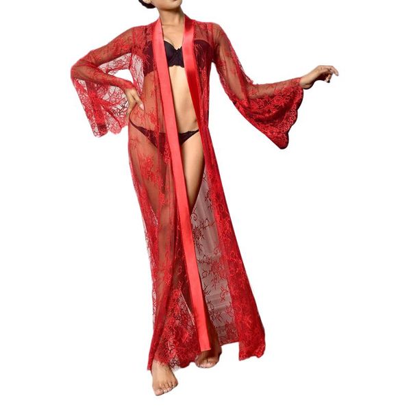 

women's swimwear ladies floral lace bikini cover ups night robe women long sleeve up wrap cardigan smocks sleepwear lingerie, White;black