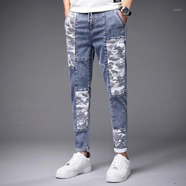 

men's jeans 2021 four season male denim trousers skinny casual man pencil pants men blue drawstring size 28-38 patchwork