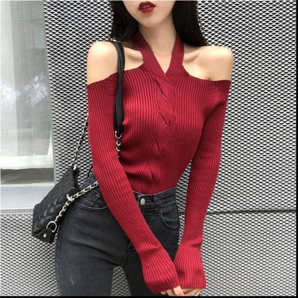 

women halter sweaters slash neck knitted off shoulder sweater pullover girls knitting stretchy pullovers female dx6722, White;black