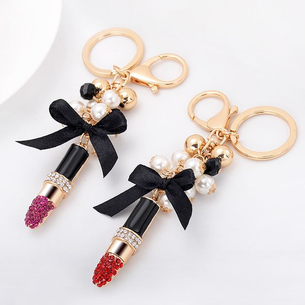 

women bow pearl lipstick keychain bag purse charms crystal rhinestone key chain ring fashion holder car keyrings trinket, Silver