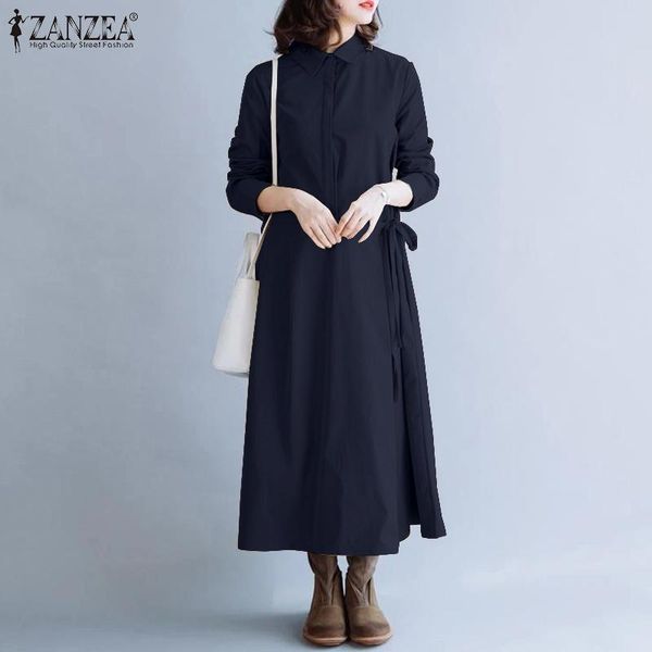 

stylish solid shirt dress women's autumn button sundress long sleeve maxi vestidos female lapel lace up robe oversized casual dresses, Black;gray