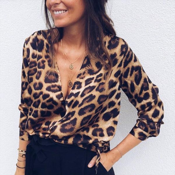 

long sleeve deep womens blouses v neck leopard top, White