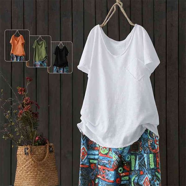 

summer style women short sleeve loose v-neck t-shirt all-matched casual cotton tee shirt femme vintage plus size m78 210512, White