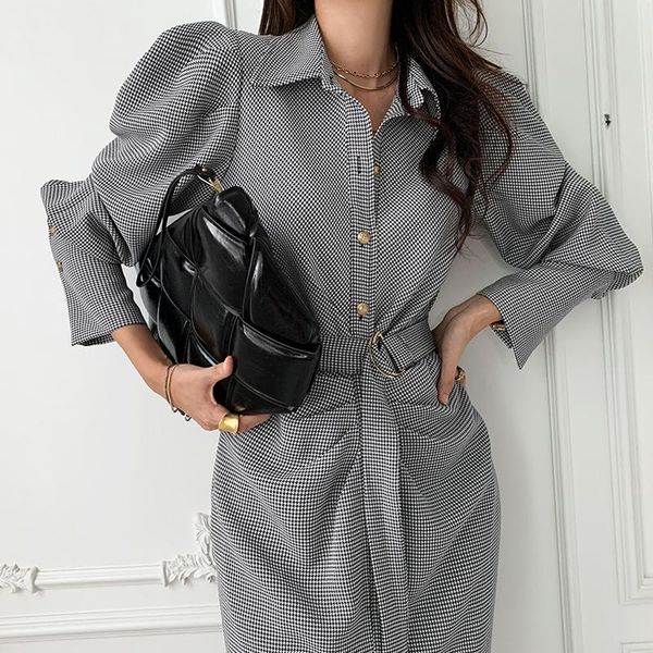 

casual dresses chic turn-down collar women long plaid dress fashion single-breasted belted female full sleeve bodycon vestidos 349, Black;gray