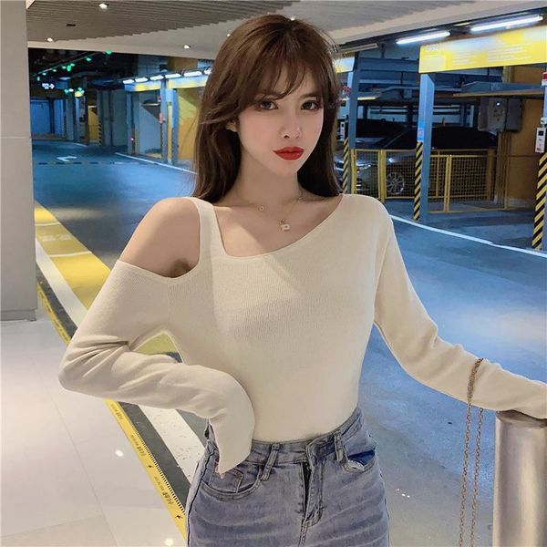 

jxmyy autumn and winter new slim-fit sweater knit bottoming shirt long-sleeved irregular design off-shoulder women 210412, White;black
