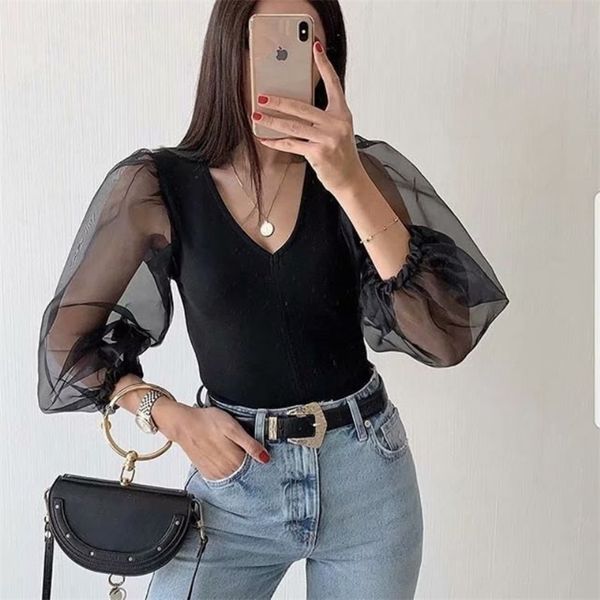 

vinage woman black tulle patchwork blouse spring autumn ladies soft v neck female elegant puff sleeve blouses 210515, White
