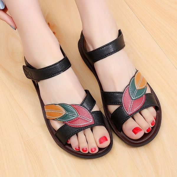 

summer sandals women flat soft bottom anti-slip comfortable gladiator sandalias mother beach shoes 41, Black