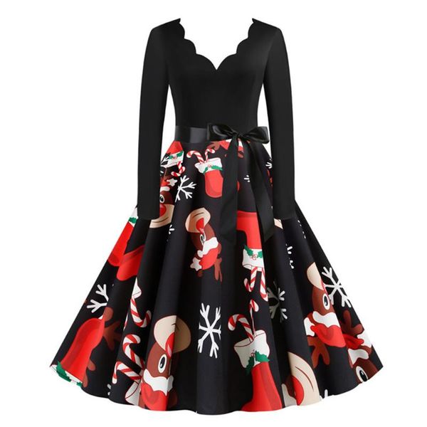 

casual dresses black big swing print vintage christmas dress robe women winter long sleeve v neck year party plus size, Black;gray