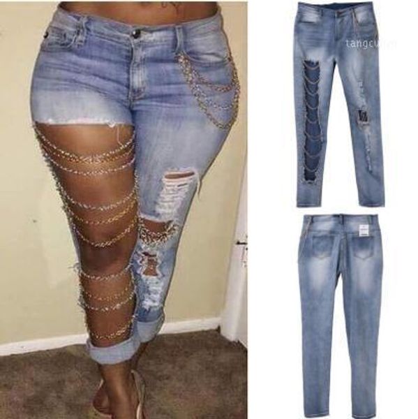 

women's jeans women's destroyed ripped distressed chain denim pants for women hole boyfriend fashion, Blue