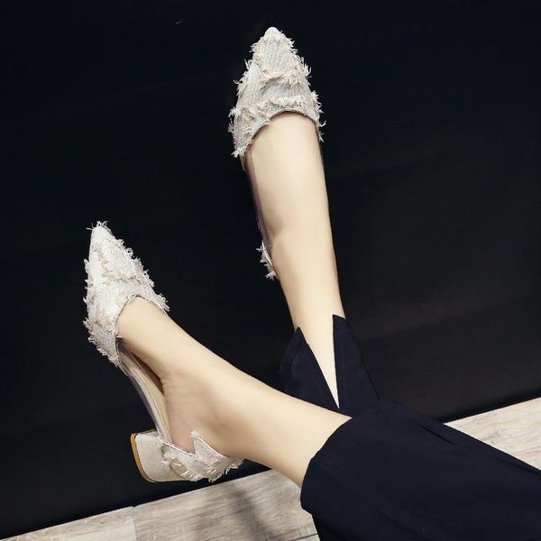 

dress shoes spring and autumn women's single korean fashion transparent thick with pointed high heels wild casual work, Black