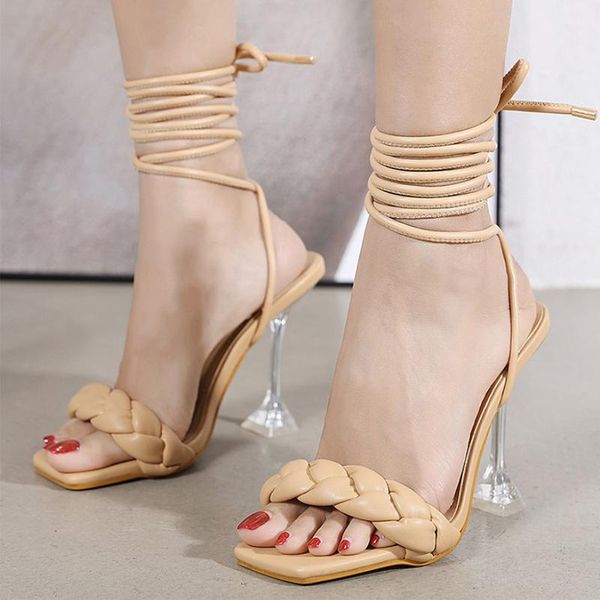 

braided word with roman style strap high heels square toe wineglass heel sandals female crystal open shoes, Black