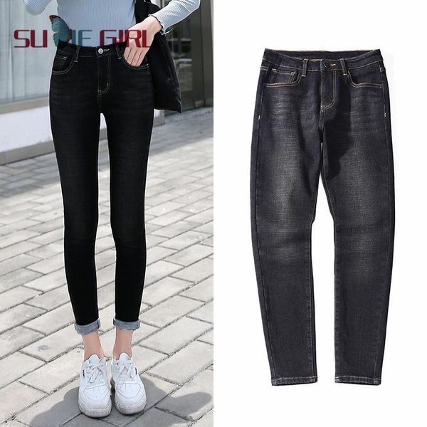 

girl high waist jeans women's autumn style small feet trousers are slim and tall tight pencil pants & capris, Black;white