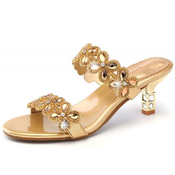 

2021 new woman flower slippers summer beach sandals fashion ladies high heels rhinestone outdoor slides shoes for women c0035, Black