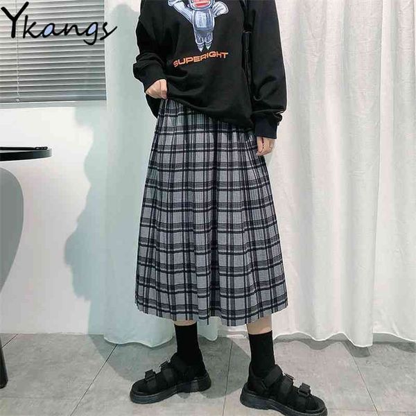 Плед женская осень плиссированная юбка женская винтажная высокая талия школа девочек длинные девушки Harajuku корейский стиль Jupe Femme Faldas Mujer 210421