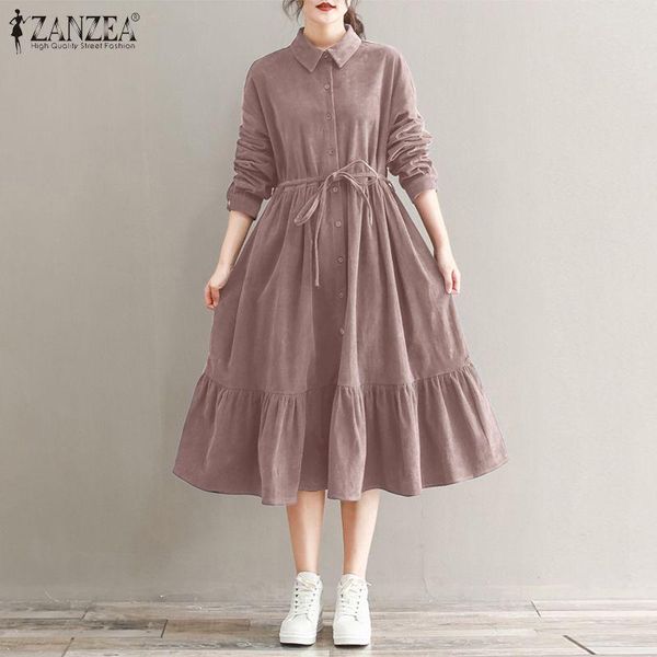 

plus size women autumn sundress 2021 zanzea elegant corduroy dress long sleeve ruffle shirt vestidos female button mid-calf robe casual dres, Black;gray