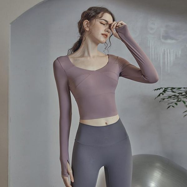 

yoga outfit women long sleeve running shirts slim sports exposed navel t-shirts fitness gym crop quick dry with pads