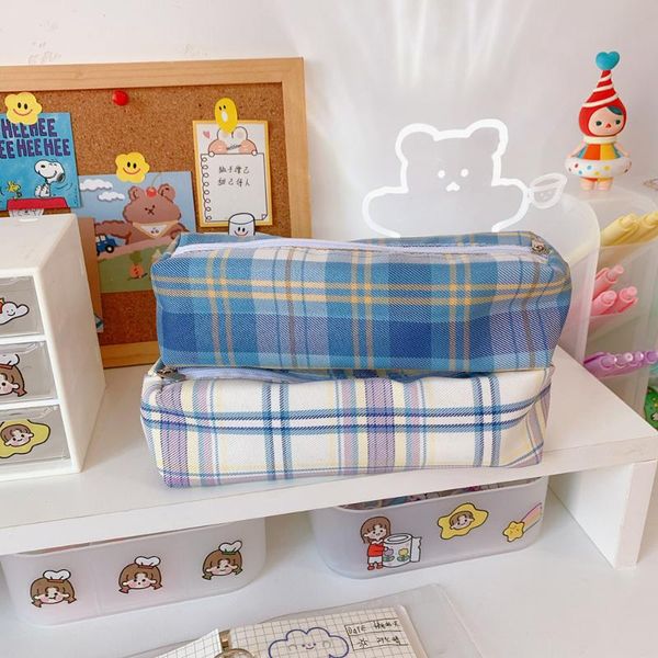 

pencil bags korean large capacity cute lattice bag school simple canvas pencilcase stationery storage pouch organizer