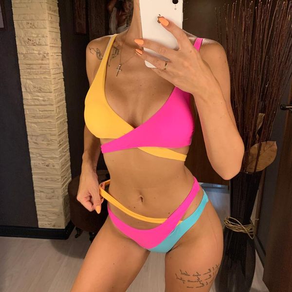 

women's swimwear contrast splicing bikini female swimsuit patchwork women two-piece set asymmetric mid waist bather bathing suit, White;black