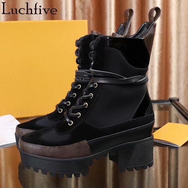 

lace up women's boots suede shoes woman round toe platform femme square heels black ankle