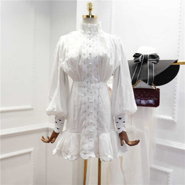 

stylish designer runway dress women's lantern sleeve ruffle hollow out mermaid 210526, Black;gray